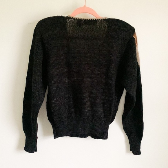 Vintage 80s 90s Black Tan Leaf Sequin Embroidered Crossover Sweater Medium - Picture 7 of 11
